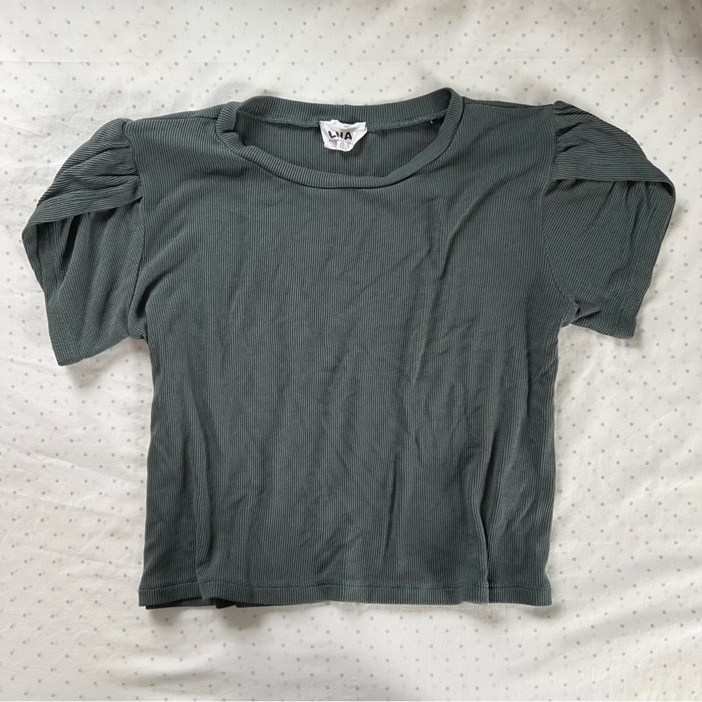 LNA Vylett Tulip Sleeve Ribbed-Knit Tee | size S | deep teal